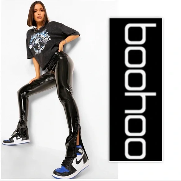 NWT Boohoo HIGH WAIST EXTRA LONG VINYL PVC SPLIT HEM PANTS - Picture 3 of 8